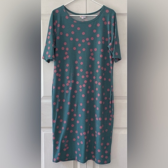 LulaRoe “Julia” Green & Pink Polka Dot Dress Size 2X - Picture 5 of 9